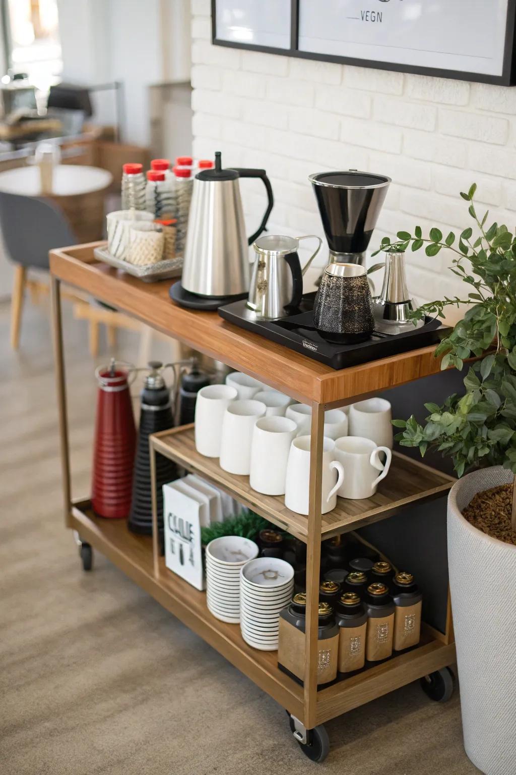 A versatile coffee cart for serving and storage.