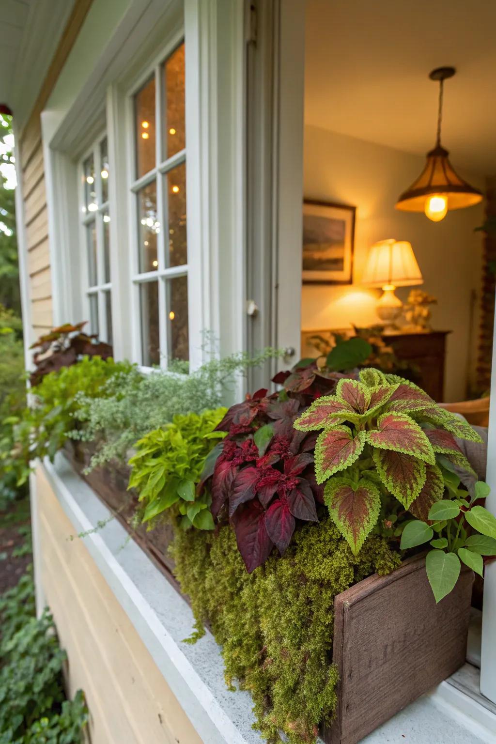 A cozy corner with coleus and moss offers a serene escape.