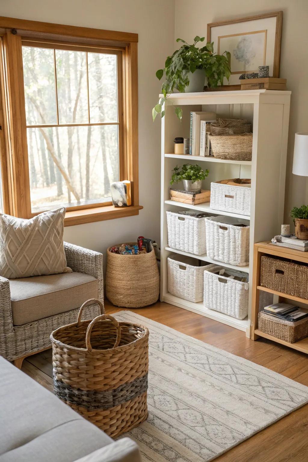 Stylish baskets and bins provide functional storage in a modern apartment.