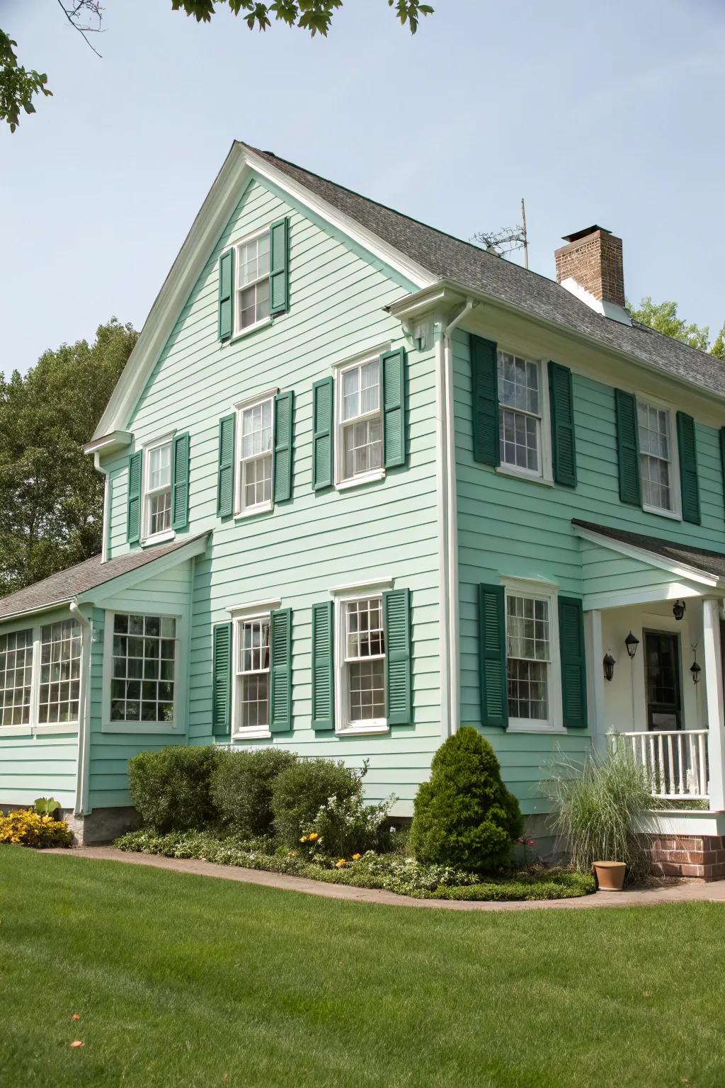 A colonial house with a fresh twist, featuring mint siding and forest green shutters.