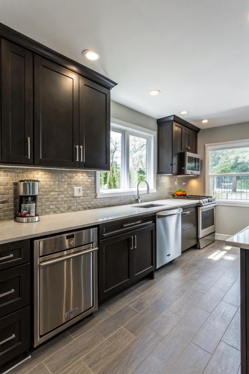 Dark cabinets harmonized with shiny steel appliances for a modern kitchen visual.