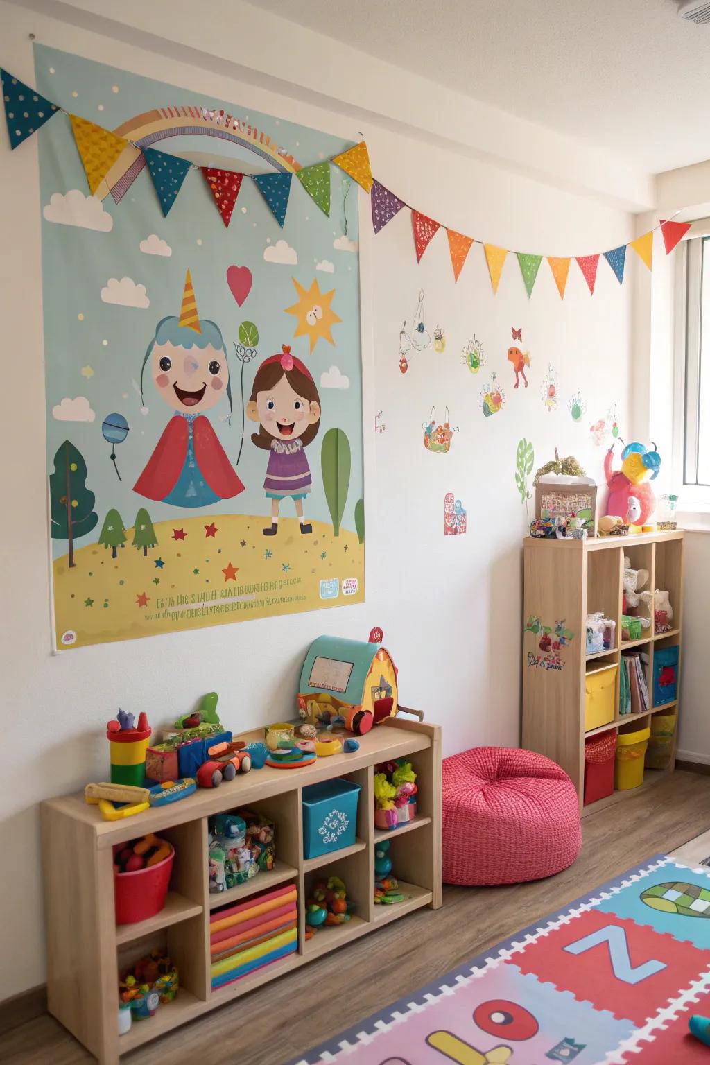 Amusing fictional character poster delighting in a playroom setting.