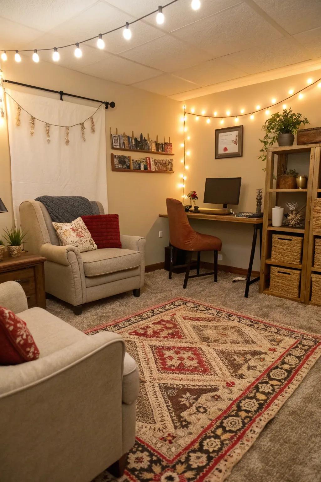 A welcoming computer area utilizing a comforting floor covering that adds warmth.