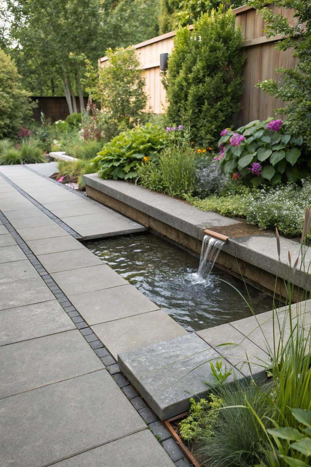 Water features add a serene touch to patio borders.