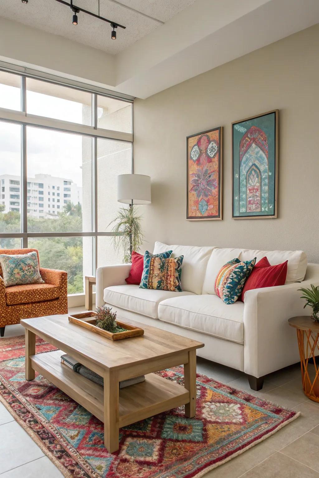Quiet base with striking features in a condo living area.