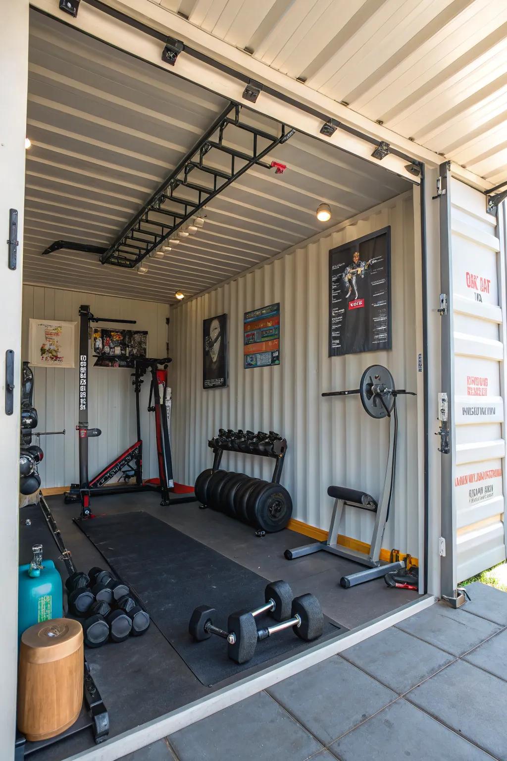 A shipping container might serve as a private exercise location for daily physical activity.