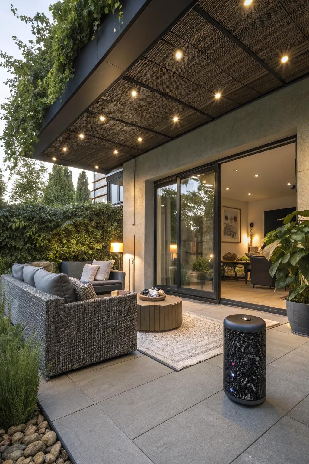 A tech-savvy patio with smart lighting and sound features.