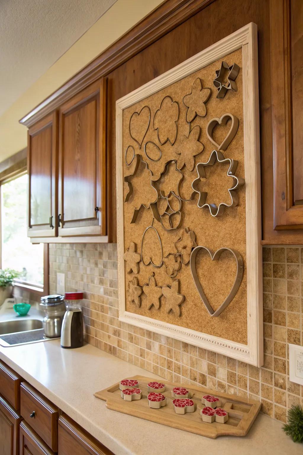 Cookie embossers set as wall décor on a framed cork board.