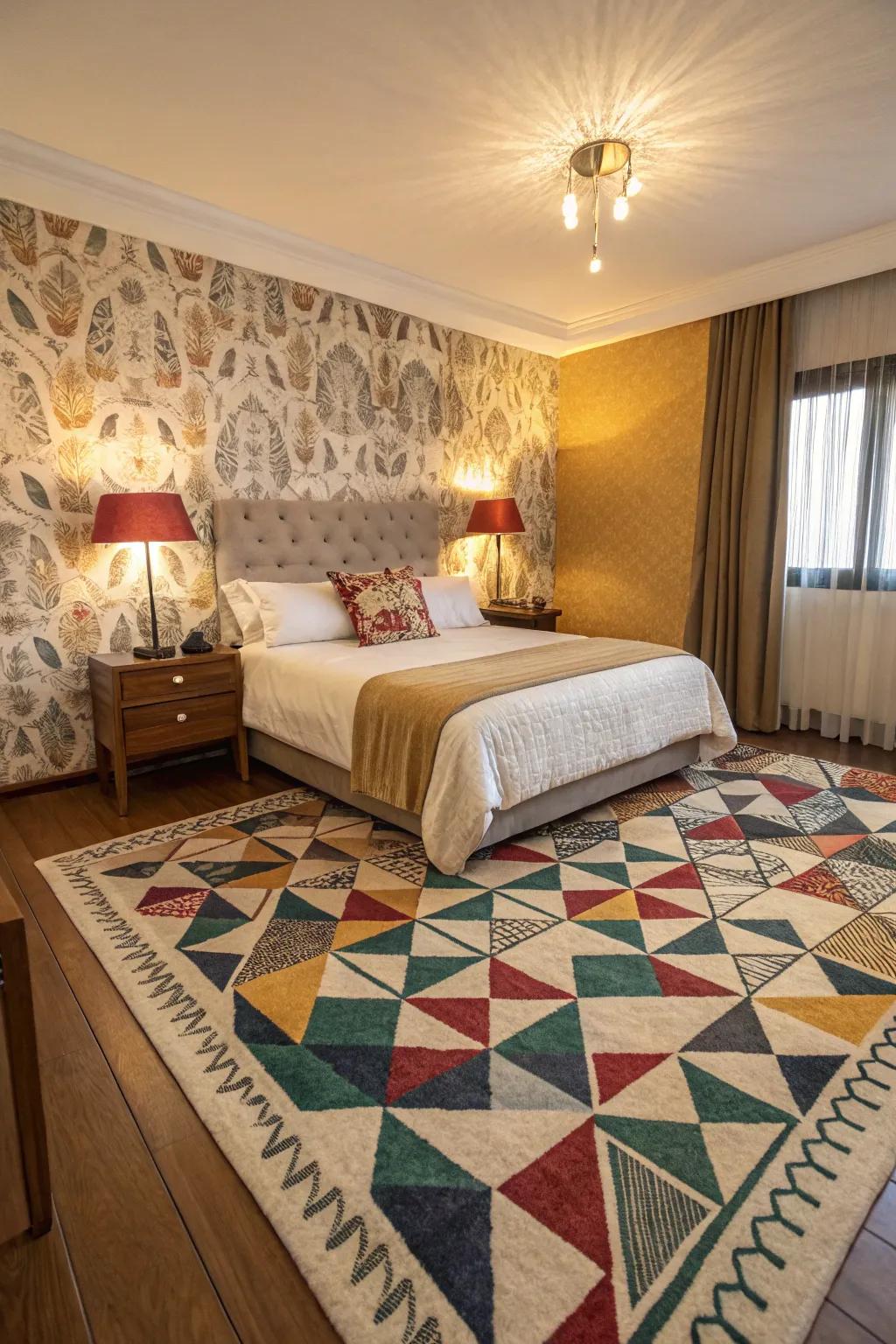 Geometric art infuses the bedroom with modern energy and style.