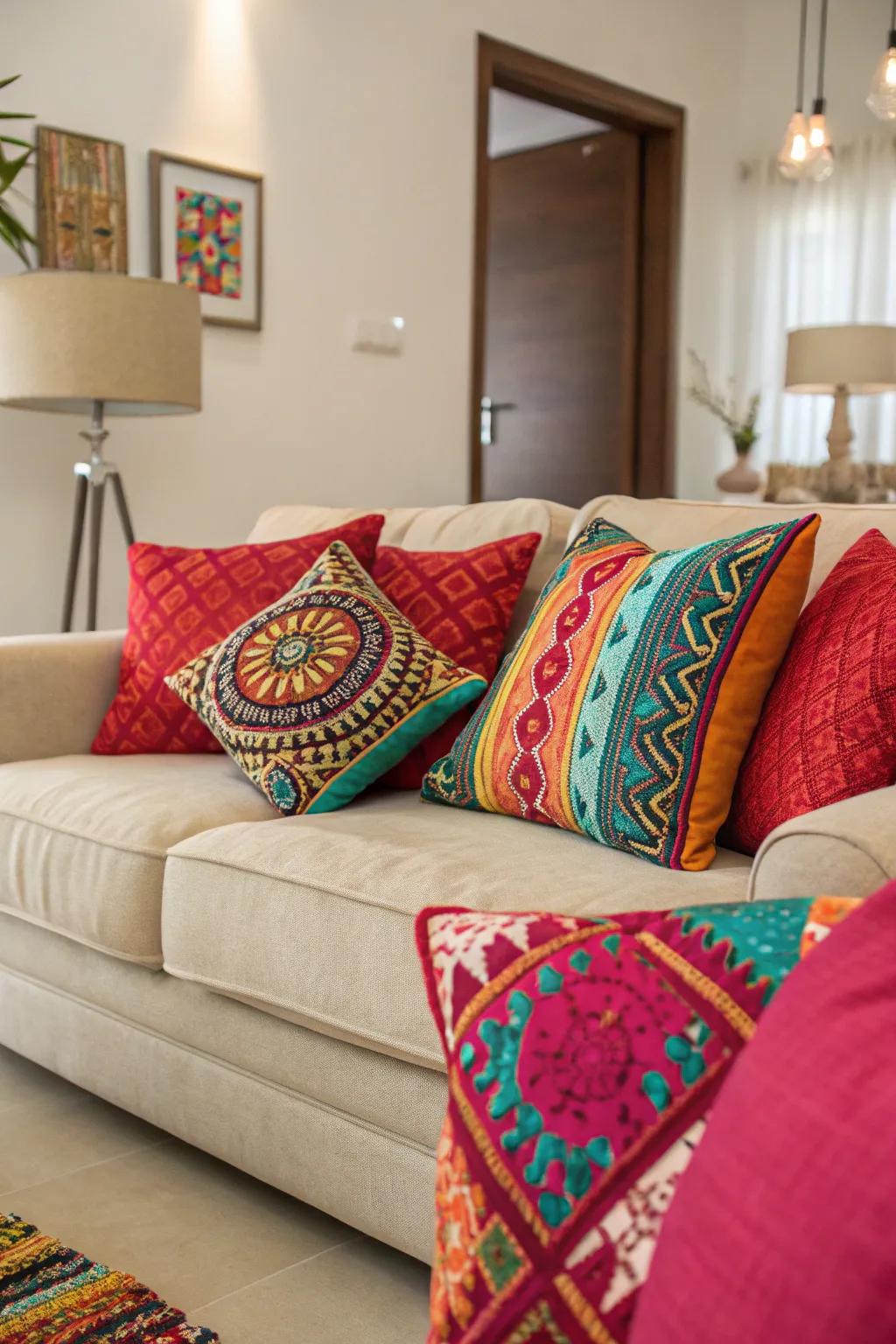 Strong upholstery adds a pop of color and personality to this neutral living room.