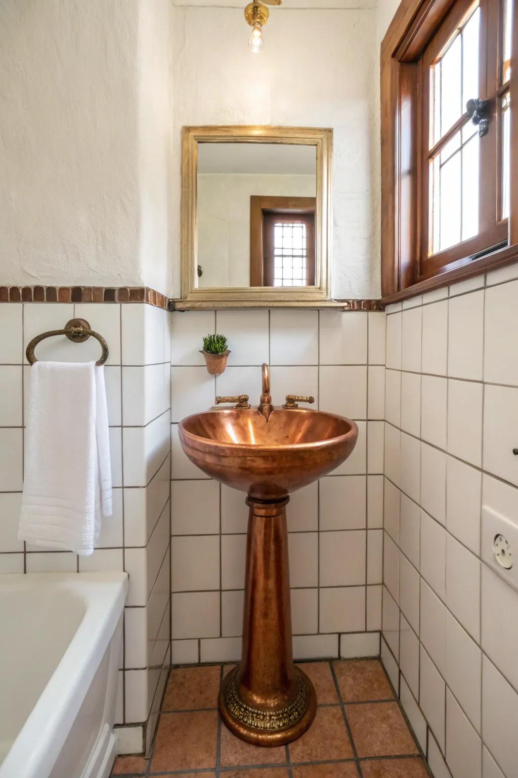 This copper standing sink adds a dramatic and elegant touch to this compact bathroom.