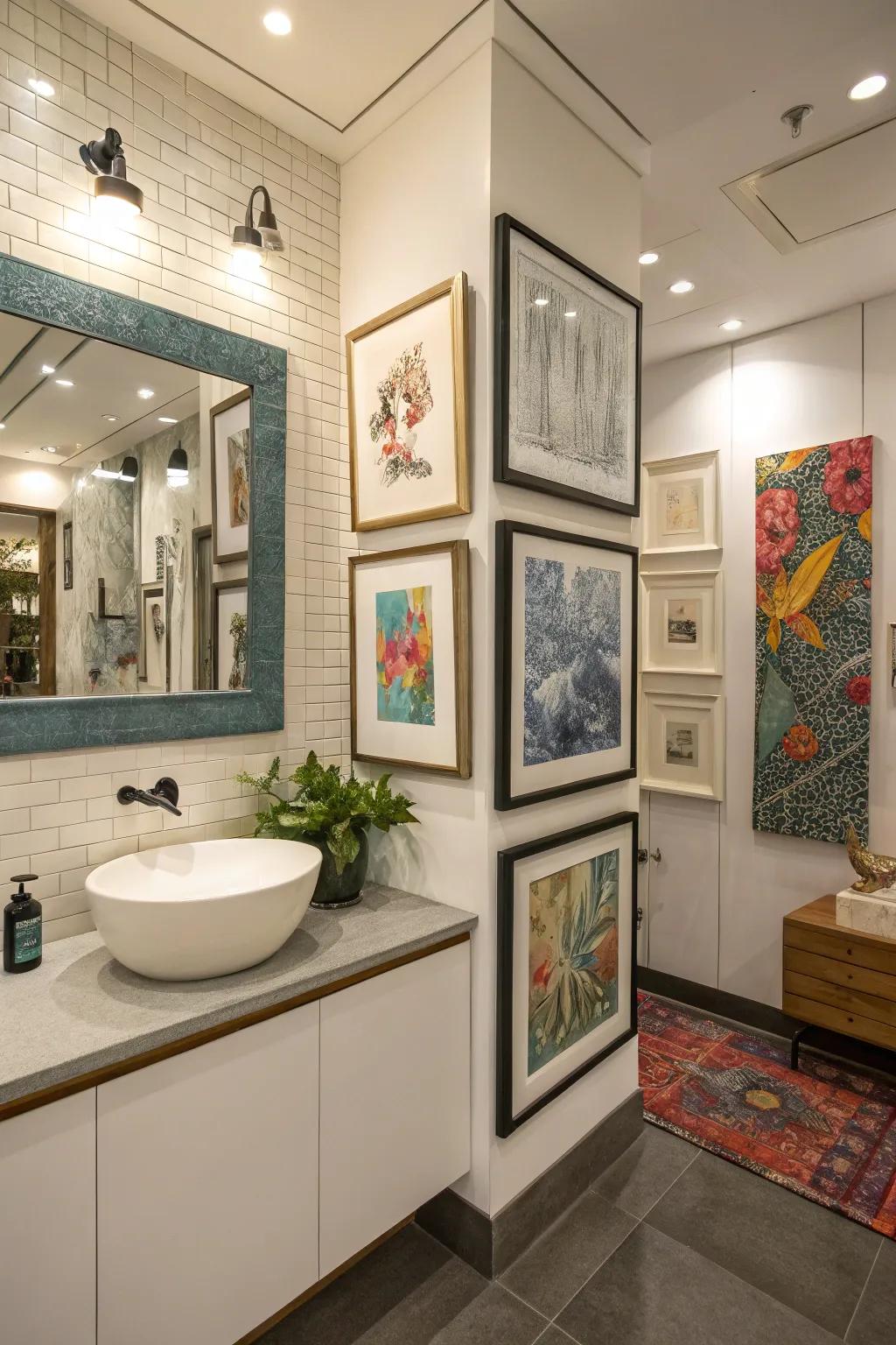 An art display in the corner personalizes the bathroom space.