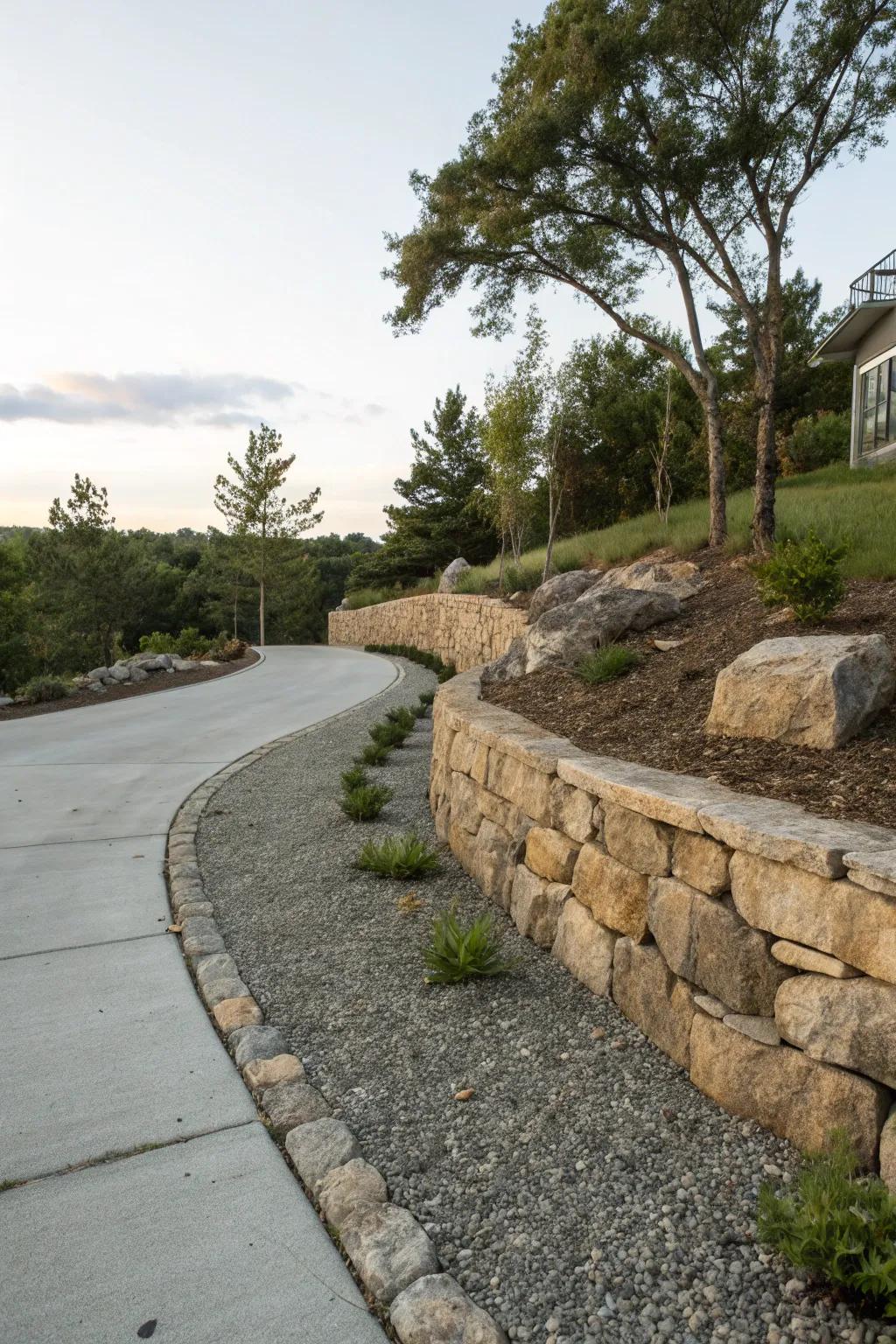 A natural stone earth retainer adding dimension to the driveway landscape.