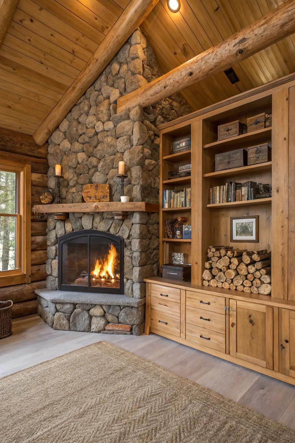 Rustic wood storage integrated charmingly with a corner fireplace.