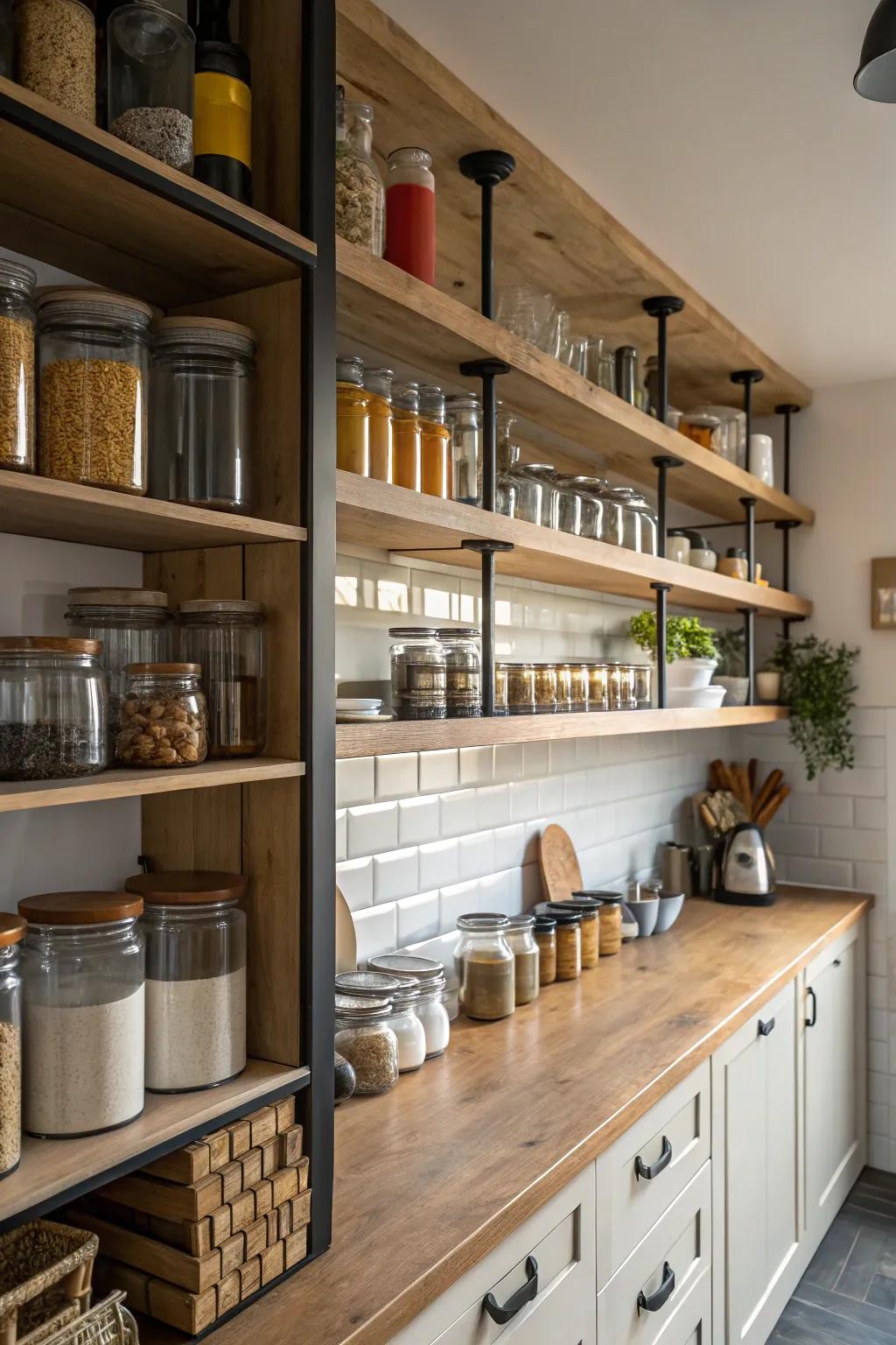 Full height shelves make the most of vertical corner area.