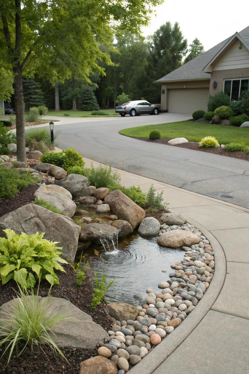 A calming water feature enhancing driveway ambiance.