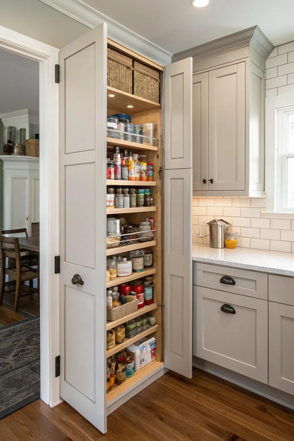 A secret corner pantry door providing a clean storage fix.