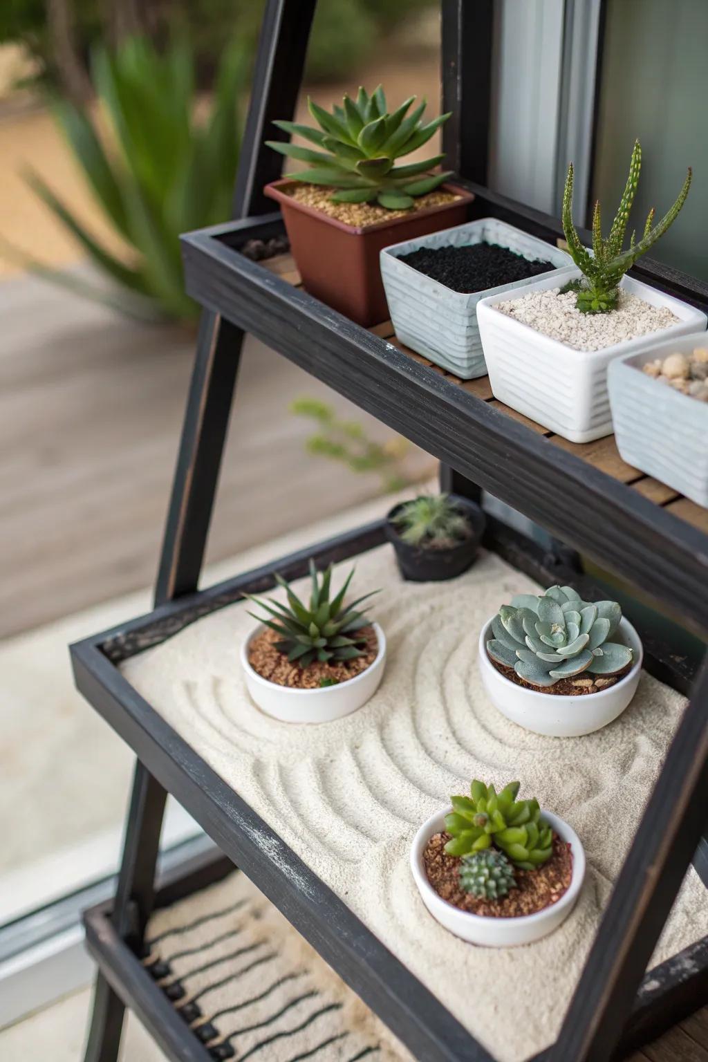 A corner shelf with a Zen garden setup.