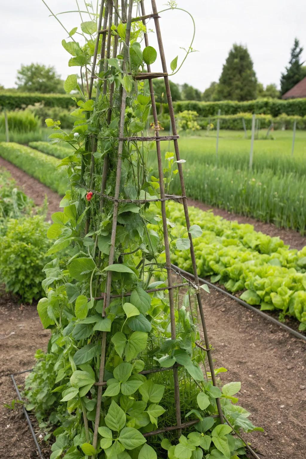 An edible garden trellis with beans and peas.