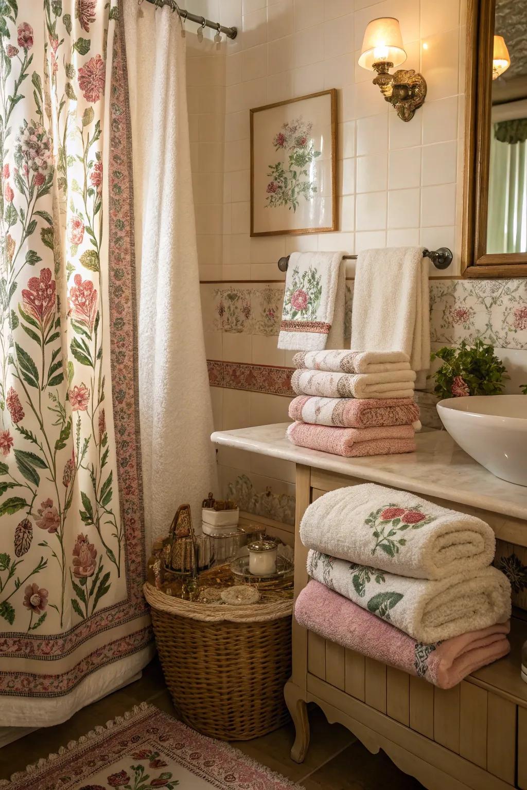 Vintage textiles injecting nostalgia into a cottage bathroom