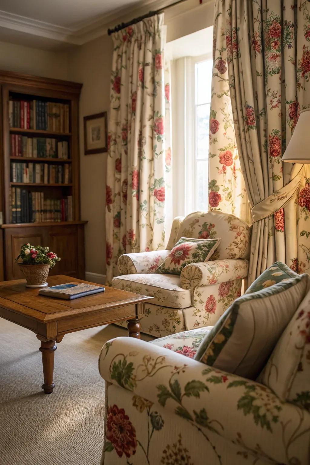 Flowery motifs add a fresh and vibrant touch to the living space.