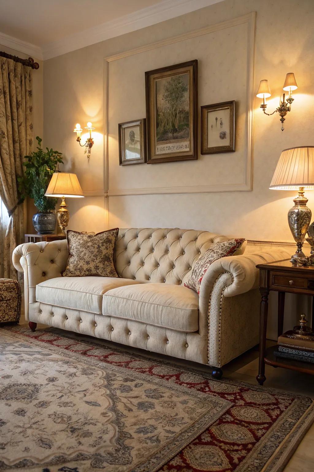 Buttoned wraps bring timeless elegance and comfort to your sofa.