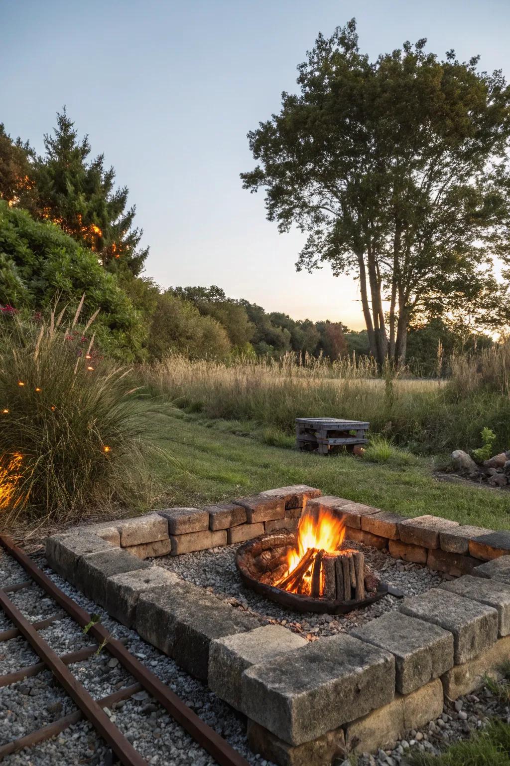 Railroad ties present a vigorous and nature-inspired foundation for your fire pit.