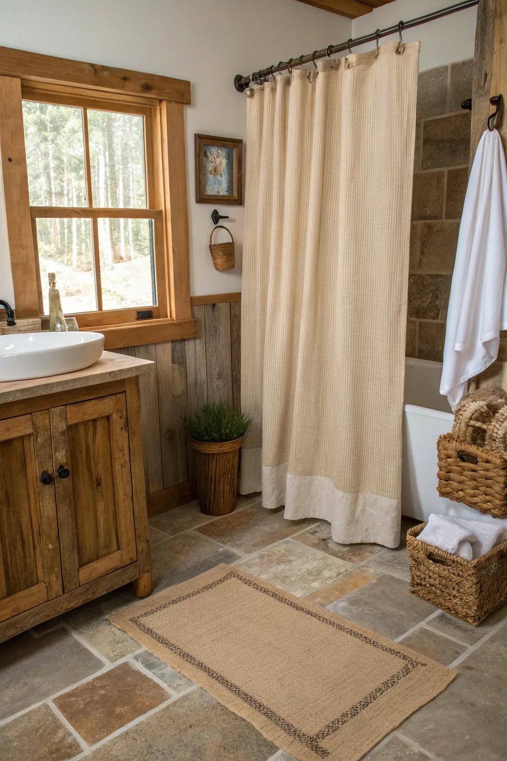 Textured fabrics contribute to the inviting atmosphere of this bathroom.