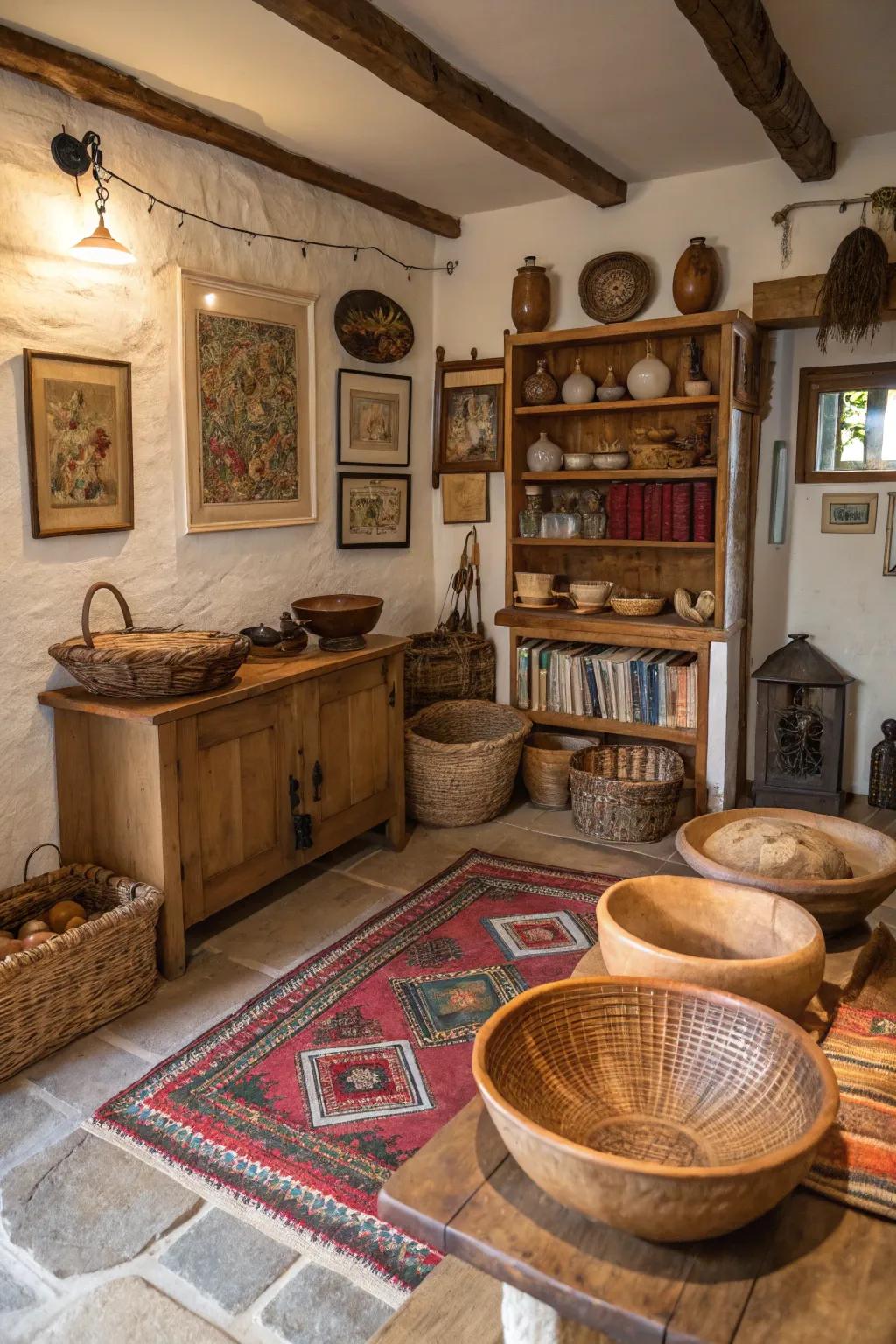 An interior featuring unique artisan-crafted decor items.