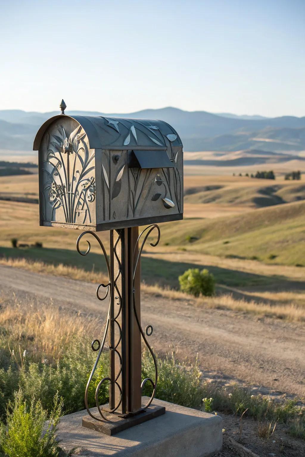 A sculptural metal mailbox captivates with its modern artistry.