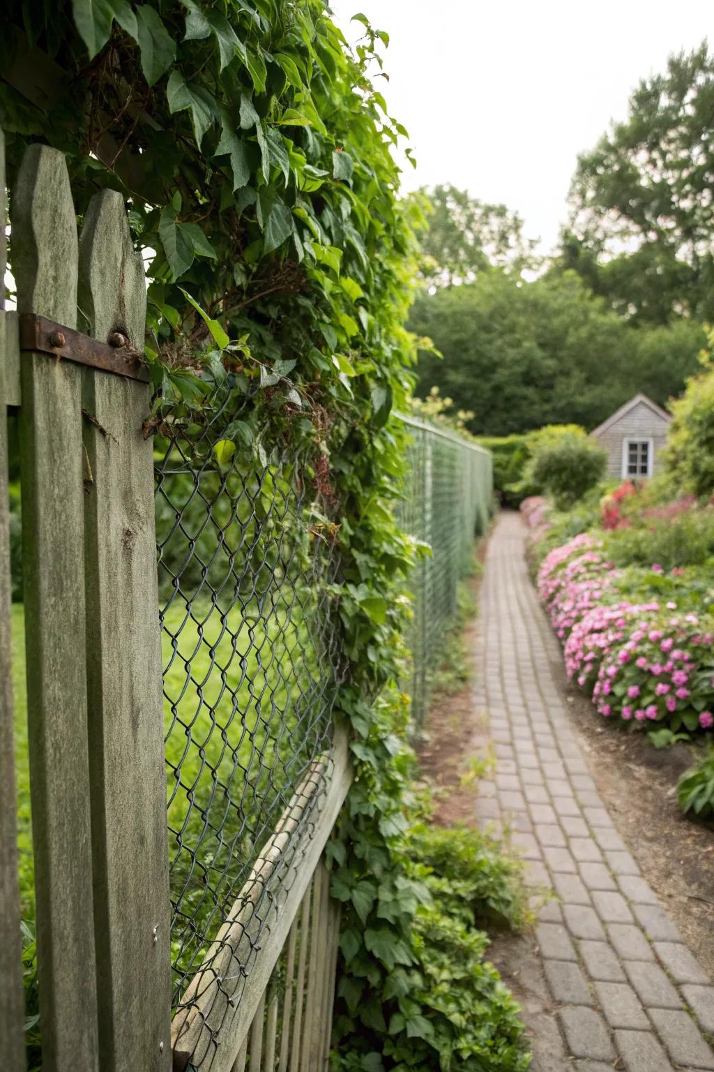 A living wall of greenery transforms a chain link fence into a garden delight.