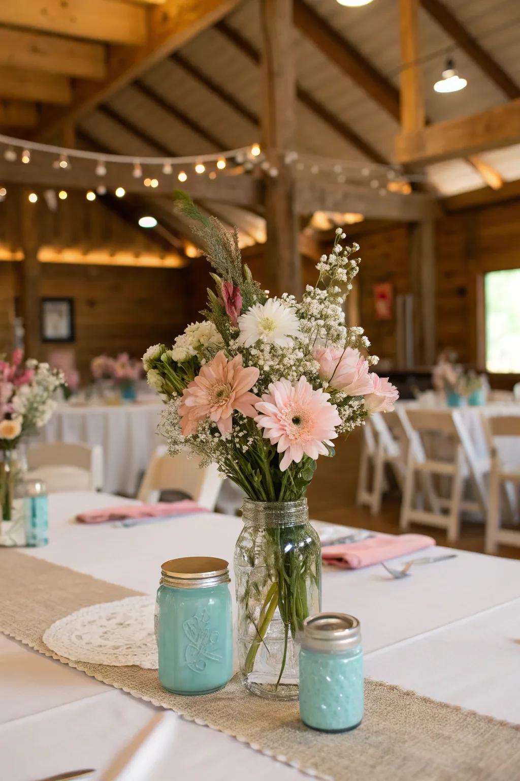 A unrefined wedding platform featuring stoneware preserve container blossom centerpieces.