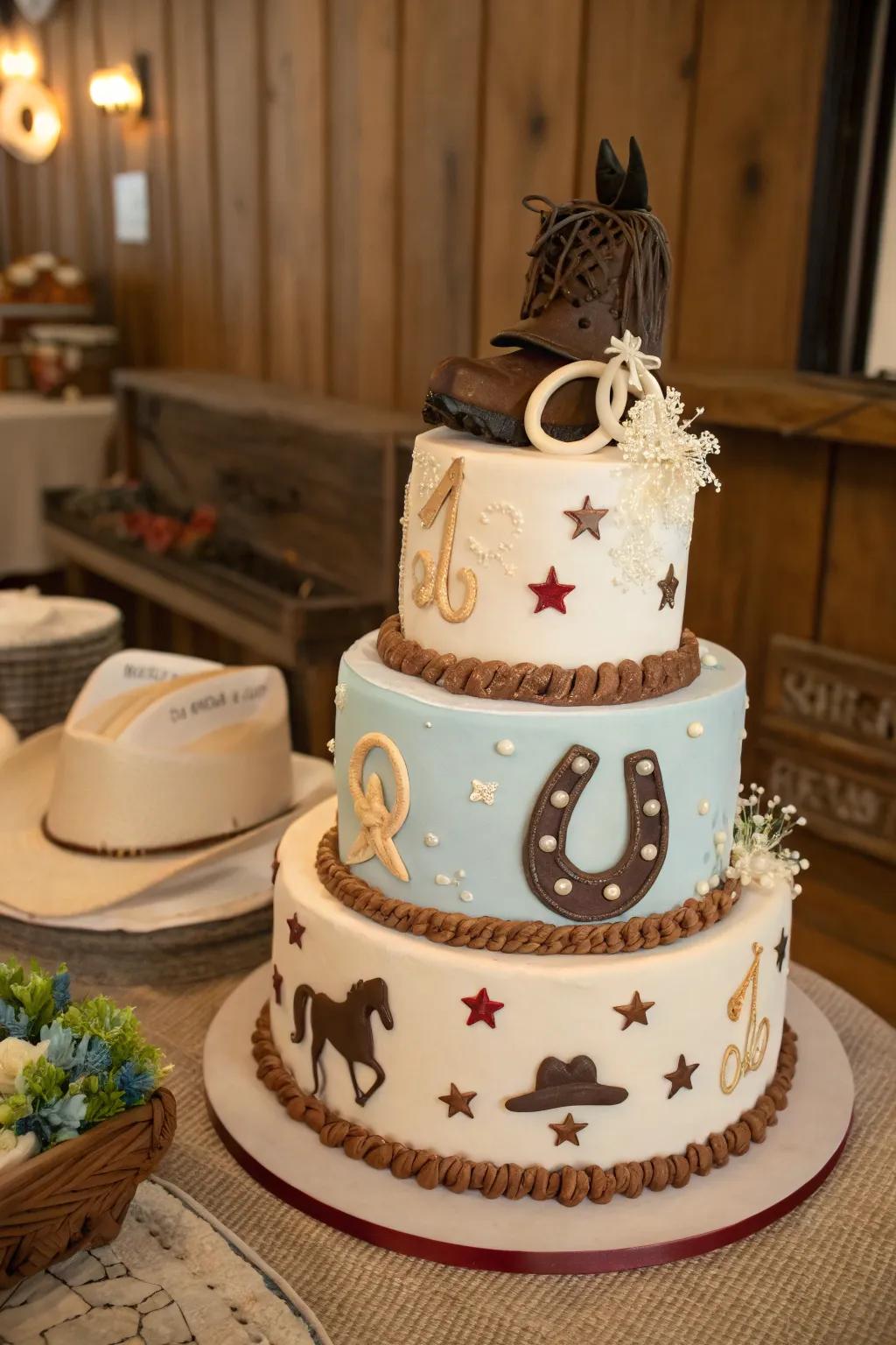 A horseshoe design lends a lucky charm to this cowgirl baby shower cake.