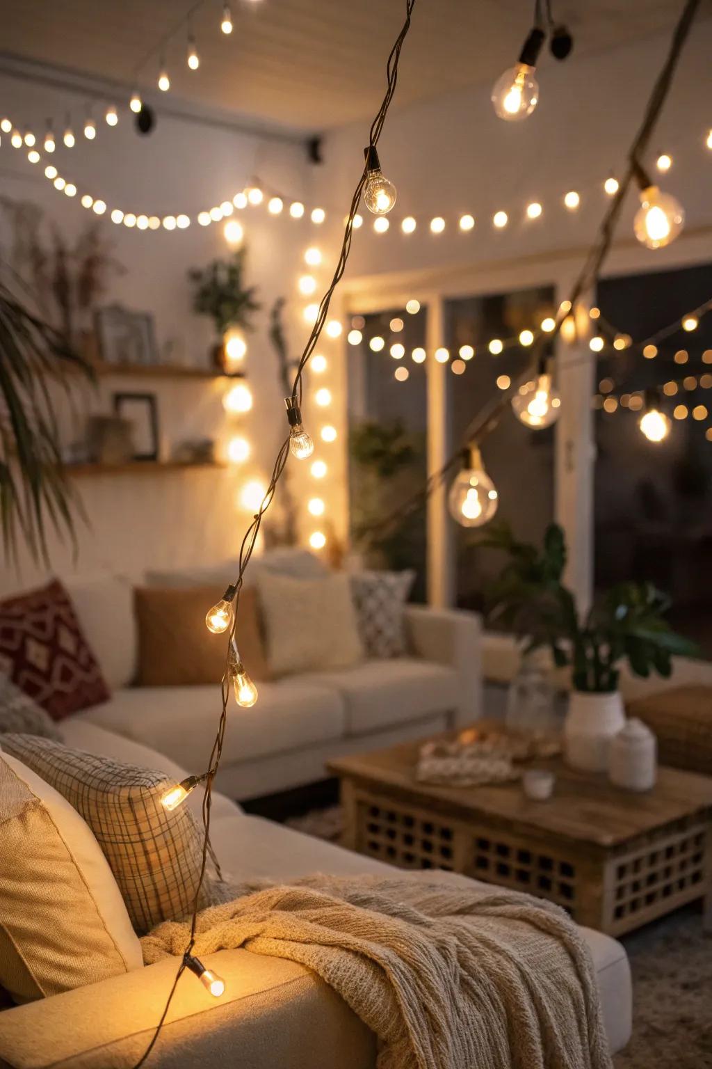 String lights contribute a dash of whimsy and a warm, inviting glow.