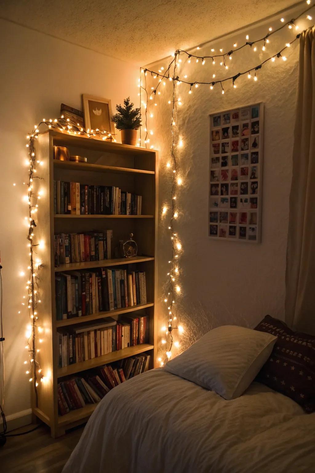 A bookshelf accentuated with twinkle lights.