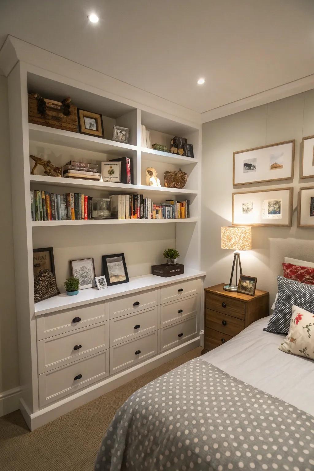 Elevated shelves free up floor space while adding storage.