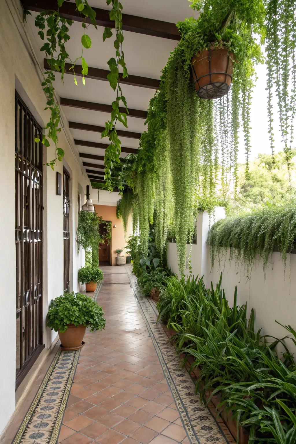 Suspended plants add greenery without occupying floor space.