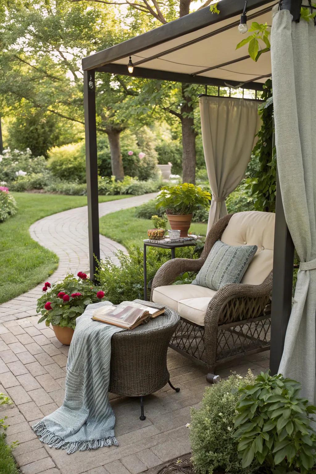 An outdoor reading nook offers a refreshing change of scenery for relaxation.