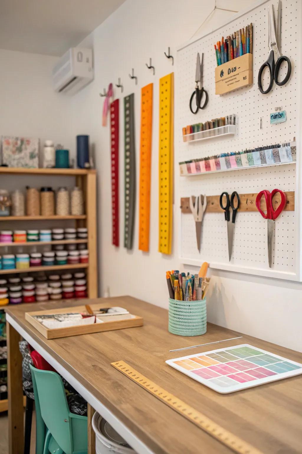 Hooks keep tools organized and off work surfaces.