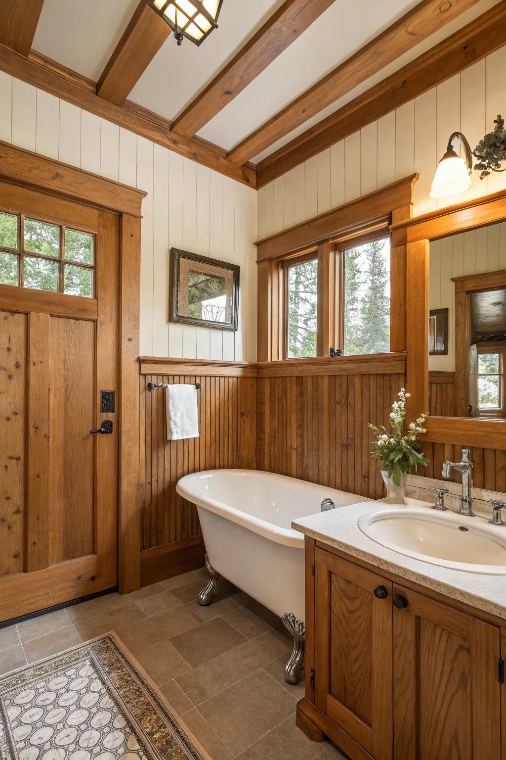 Textured timber paneling adding depth to the craftsman bathroom.