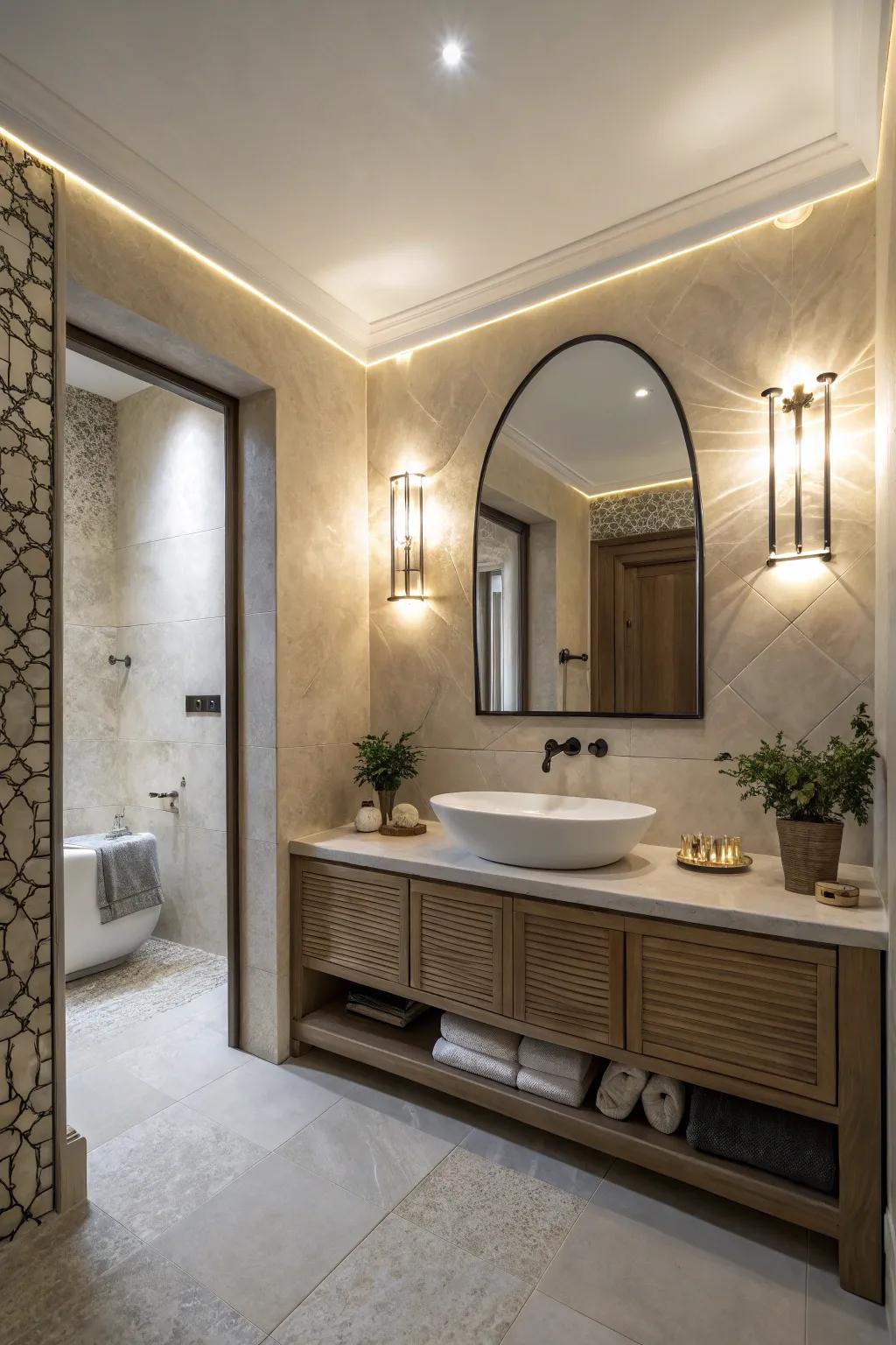 A bathroom showcasing architectural lighting to elevate its ambiance.