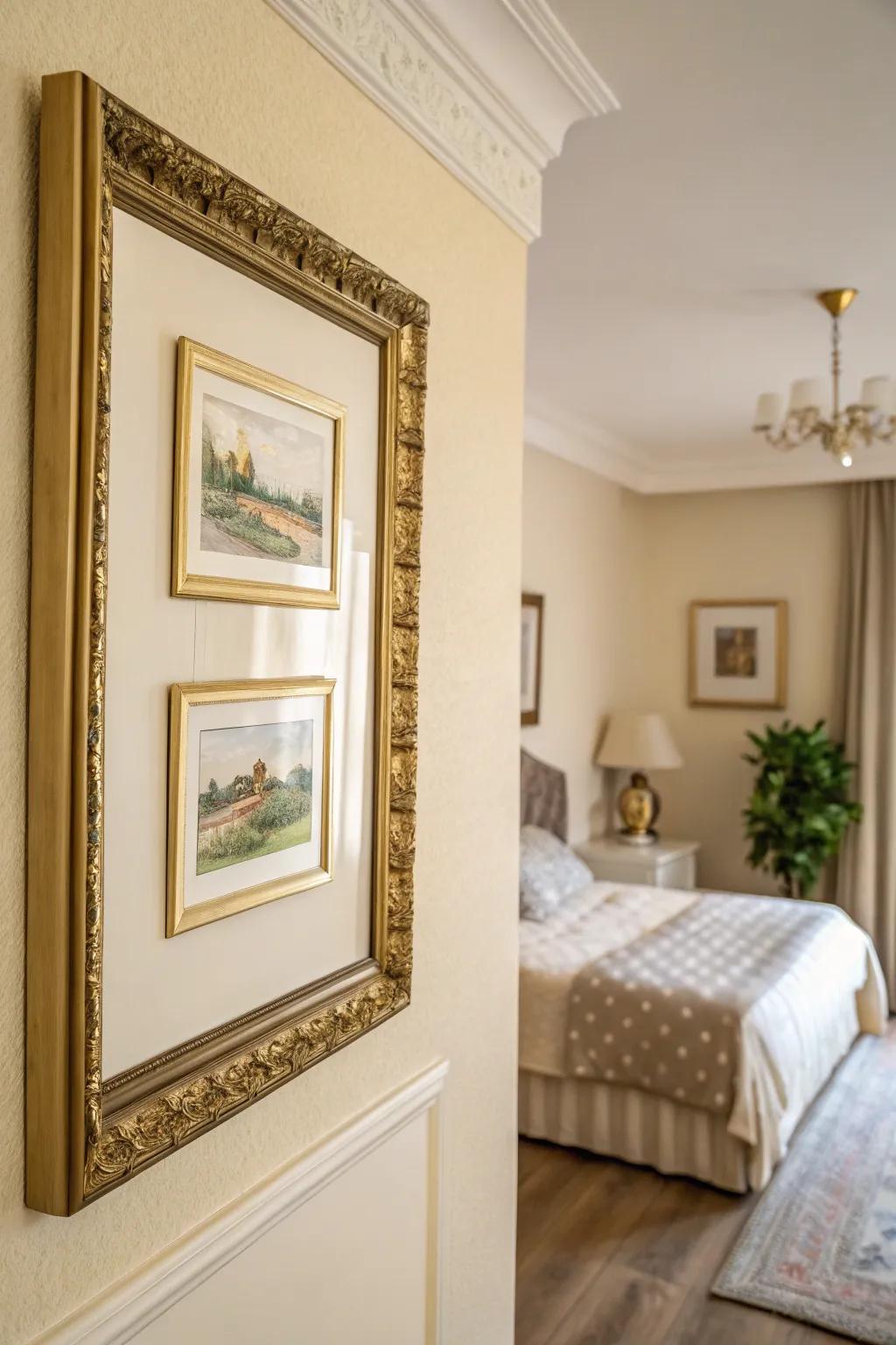 Artwork presented with gilded frames includes individuality and enhances the ivory foundation.