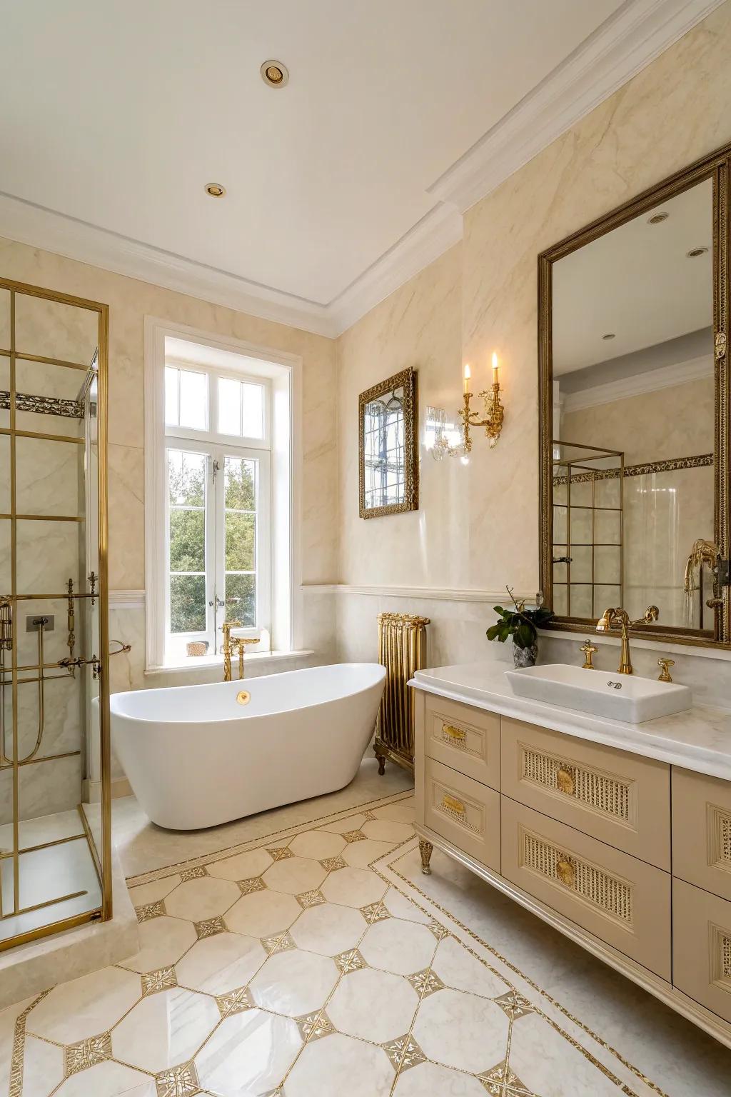Copper hardware adds a vintage touch to this cream bathroom.
