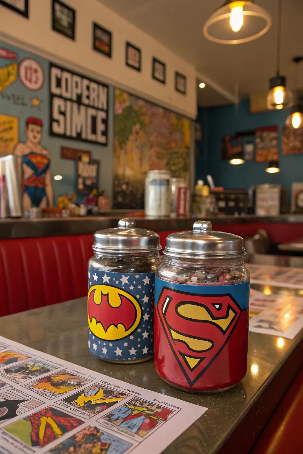 Themed tip jars creating a superhero showdown