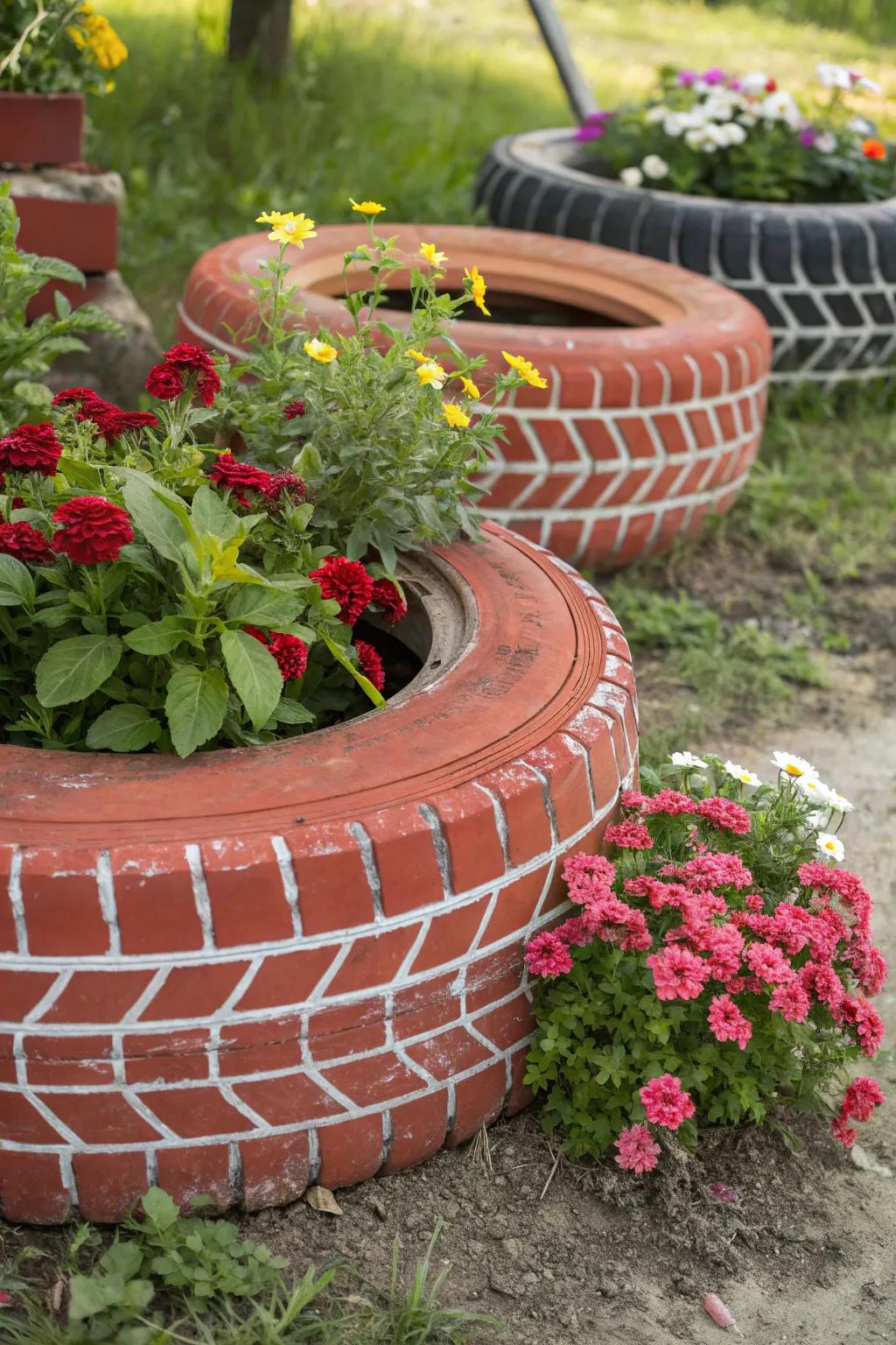 Artistic brick-designed tire gardens in a garden setting.