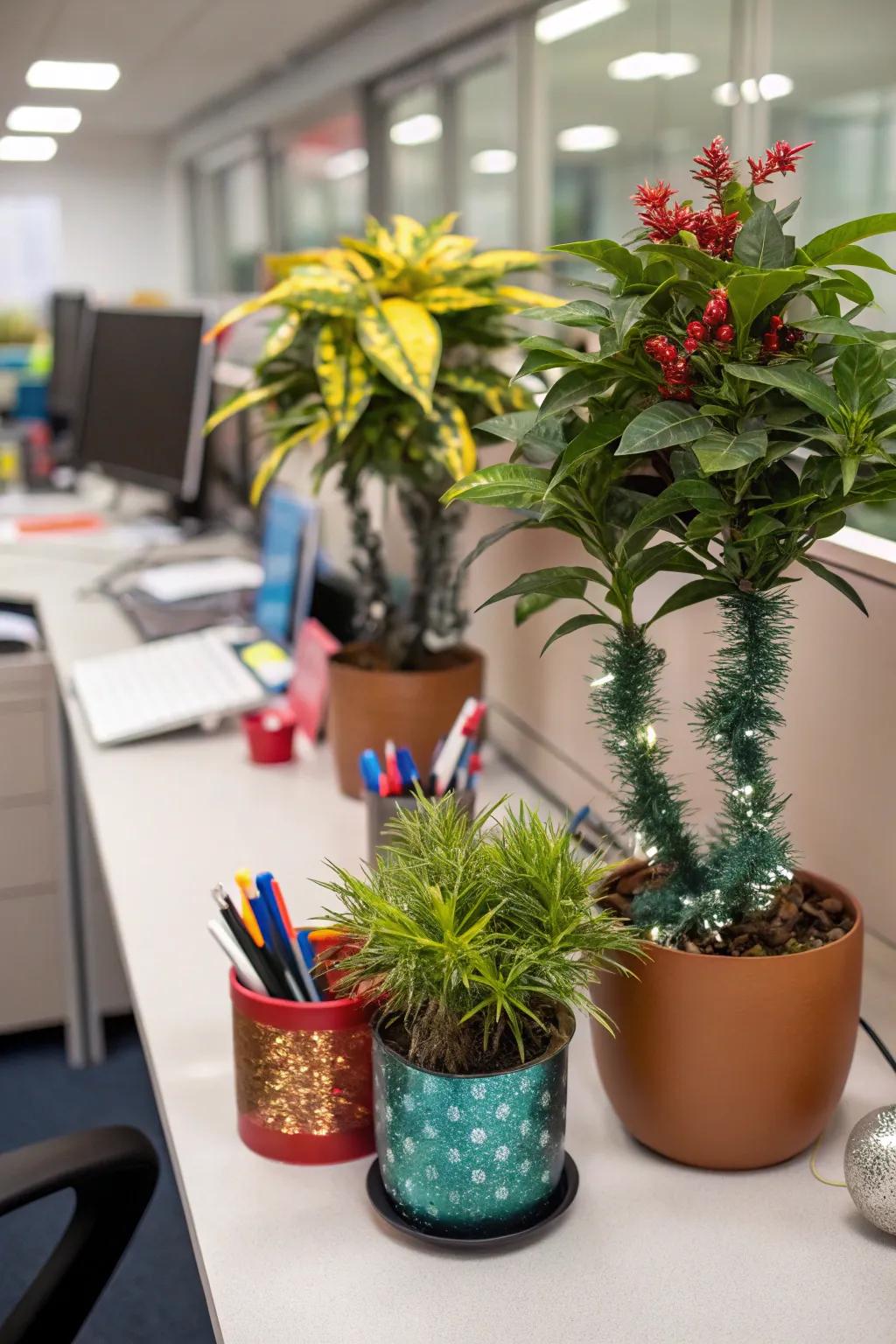 Transform desk flora with festive ornaments for a holiday touch.