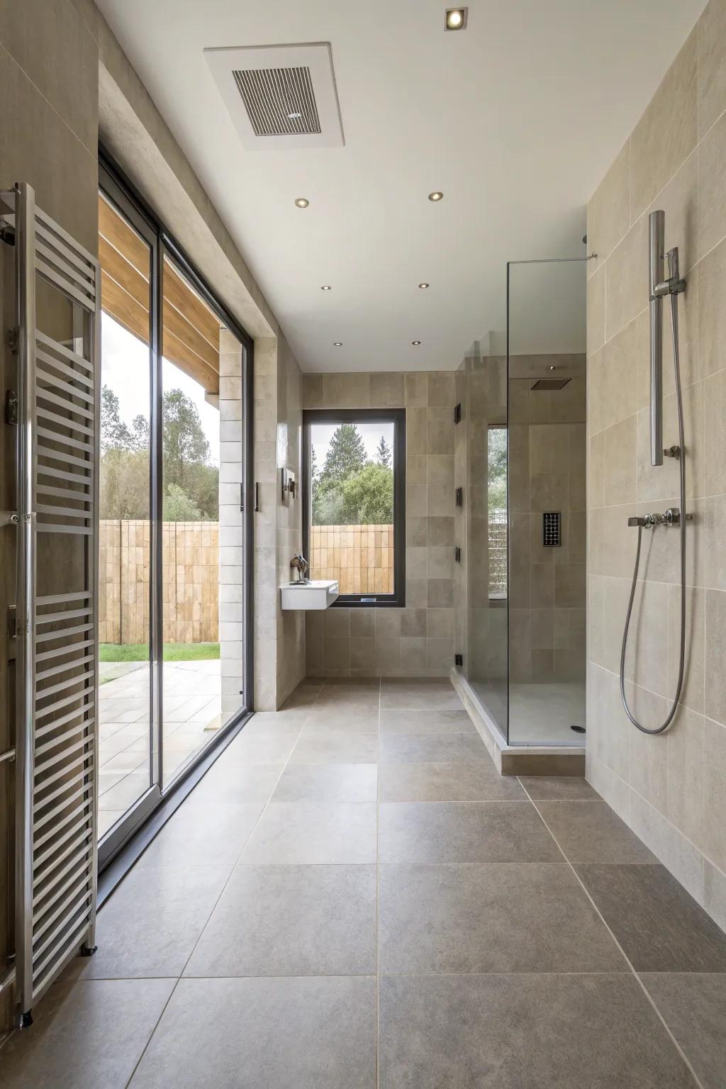 A wet room design combines the shower seamlessly with the rest of the bathroom.