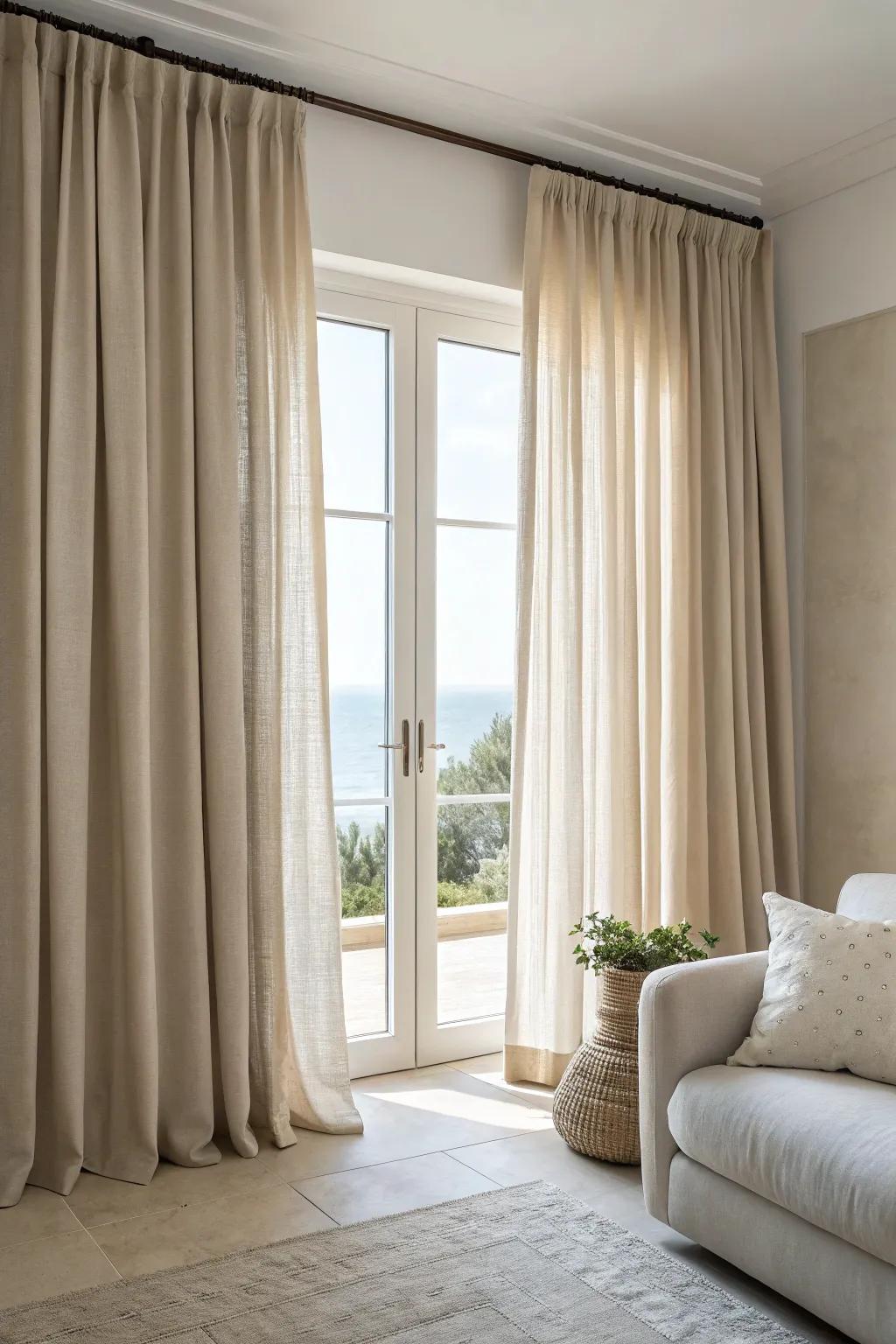 Drapes of neutral shades deliver timeless elegance and versatility.