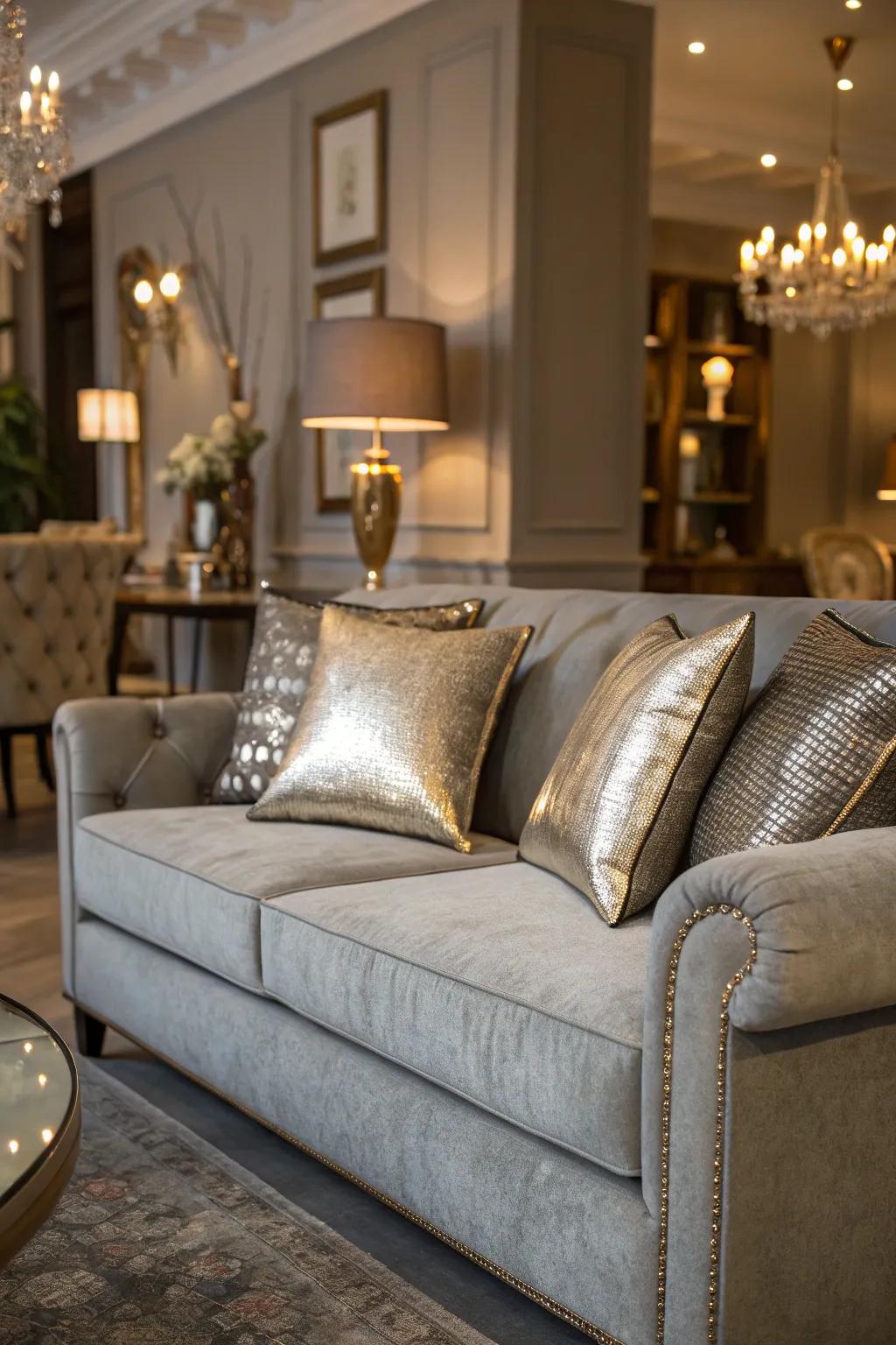 Metallic cushions contribute glamour and refinement to a grey sofa.