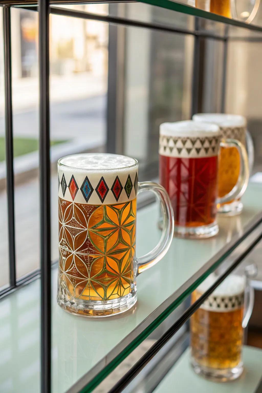 Geometric patterns deliver a contemporary edge to beer mugs.